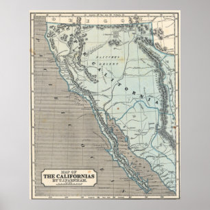 Oude Californische kaartposter uit 1845 Poster