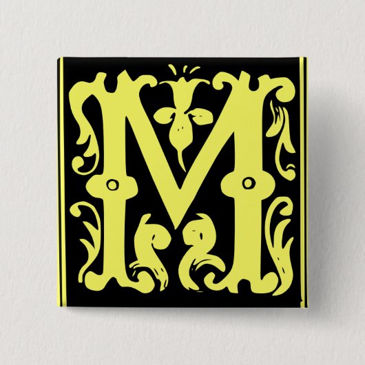 Oude Calligrafie Letter M Square Button Pin (Voorkant)