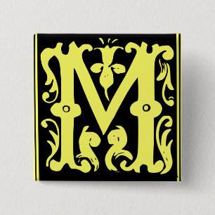 Oude Calligrafie Letter M Square Button Pin