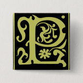 Oude Calligrafie Letter P Square Button Pin (Voorkant)