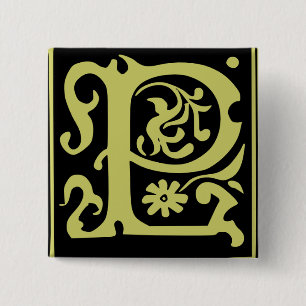 Oude Calligrafie Letter P Square Button Pin