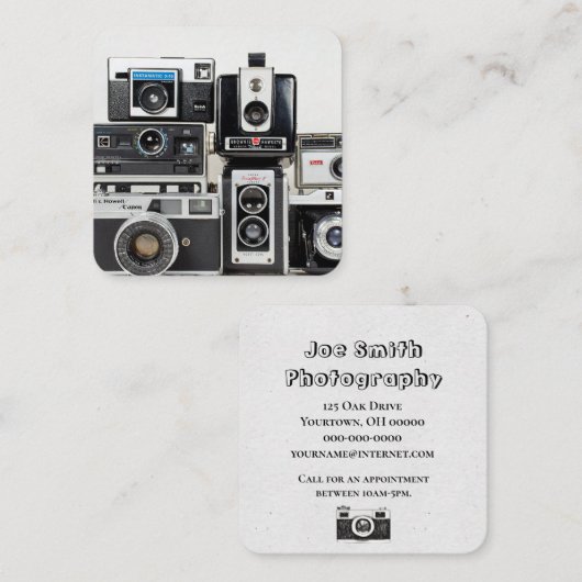 Oude camera collectie gestapeld op wit vierkante visitekaartje (Voorkant / Achterkant)