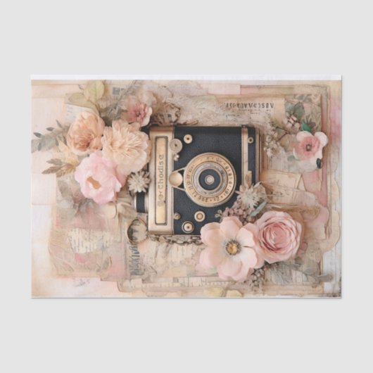 Oude Camera en Roze Bloemen, Shabby Chic Tissuepapier (Voorkant)