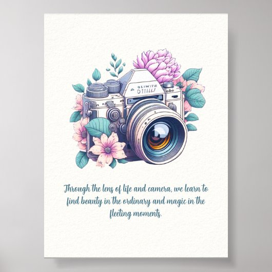 Oude Camera met Bloemen en Citaat Poster (Voorkant)