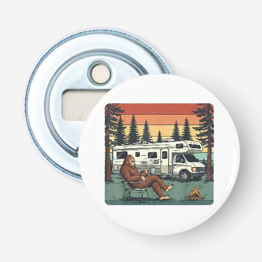 Oude Camping Caravan RV Bigfoot Avontuur Button Flesopener (Voorkant)