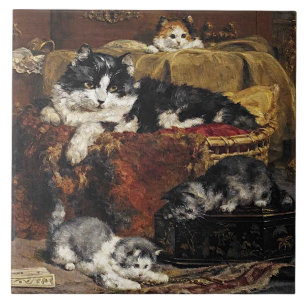 Oude charmante zwarte en witte kat met kittens tegeltje