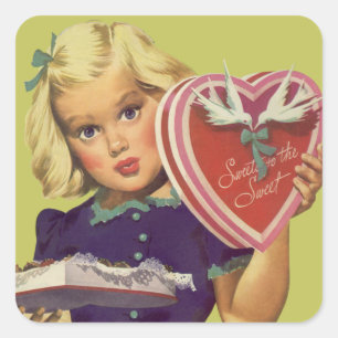 Oude charme op Valentijnsdag, Meisje met Chocolade Vierkante Sticker
