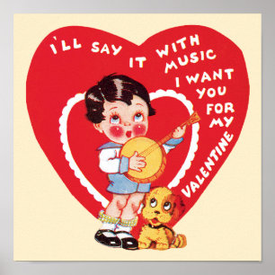 Oude charme Valentijnsdag, kinder muziek banjo Poster