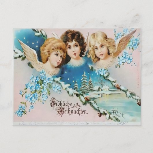 Oude cherubs op besneeuwd dak briefkaart (Voorkant)