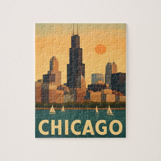 Oude Chicago skyline, zeilboot op het Michiganmeer Legpuzzel (Verticaal)