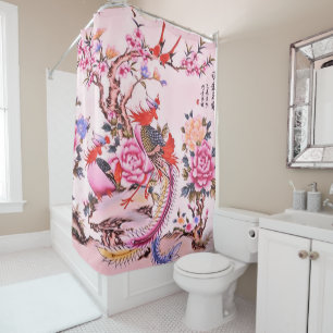 Oude Chinese Bloemvogels Roze Chinoiserie Douchegordijn