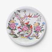 Oude Chinese Bloemvogels Witte Chinoiserie Papieren Bordje (Voorkant)
