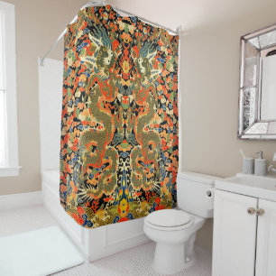 Oude Chinese Draak Textielprint Aziatische Kunst Douchegordijn