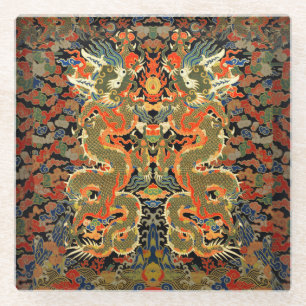 Oude Chinese Draak Textielprint Aziatische Kunst Glazen Onderzetter