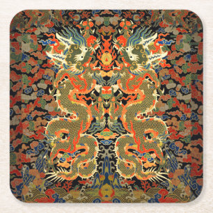 Oude Chinese Draak Textielprint Aziatische Kunst Kartonnen Onderzetters