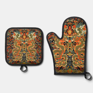 Oude Chinese Draak Textielprint Aziatische Kunst Ovenwant & Pannenlap Set