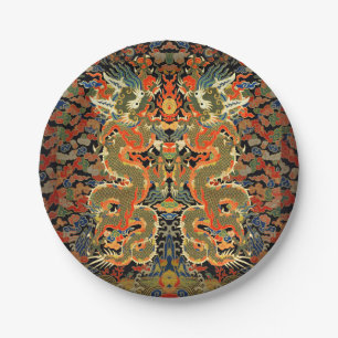 Oude Chinese Draak Textielprint Aziatische Kunst Papieren Bordje