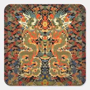 Oude Chinese Draak Textielprint Aziatische Kunst Vierkante Sticker