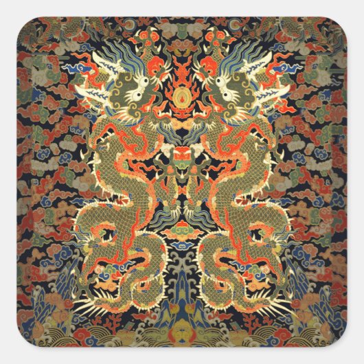 Oude Chinese Draak Textielprint Aziatische Kunst Vierkante Sticker (Voorkant)