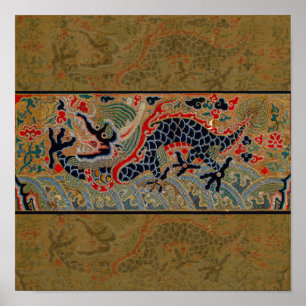 Oude Chinese Draak Zijde Borduurpatroon Poster