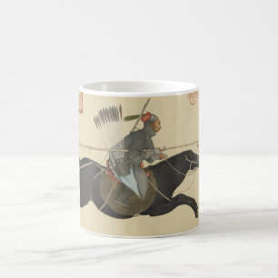Oude Chinese krijger die op een zwart paard charge Koffiemok