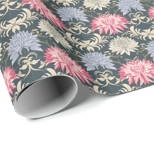 Oude Chrysanthemum Damast Patroon Cadeaupapier (Rol Hoek)