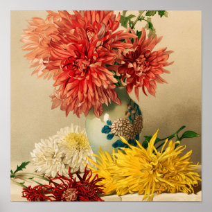 Oude Chrysanthemumbloemen Keramische Vaas Schilder Poster