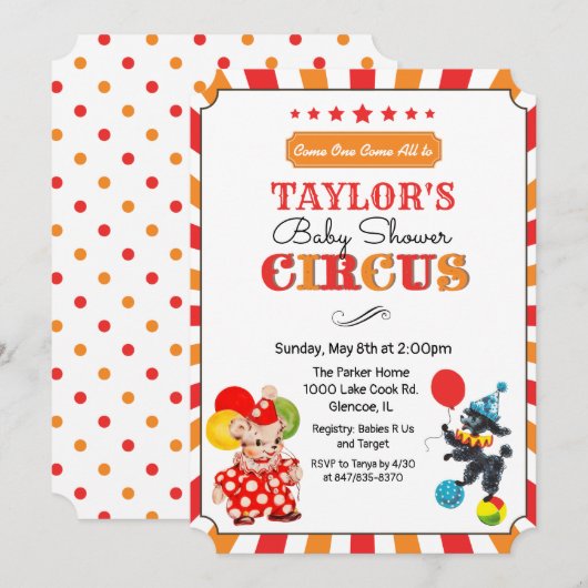 Oude circus baby shower uitnodiging (Voorkant / Achterkant)