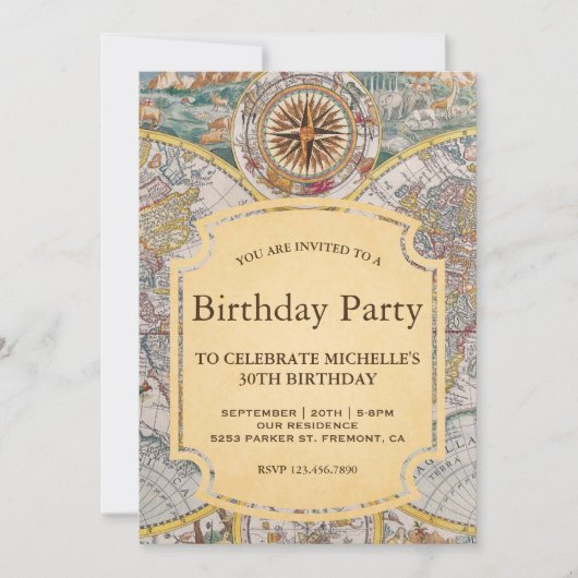  Oude Compass Wereldkaart Birthday Party Kaart (Voorkant)