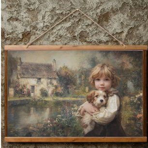 Oude Cottage Kind met Puppy Poster Hangend Wandkleed