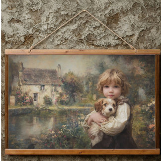 Oude Cottage Kind met Puppy Poster Hangend Wandkleed