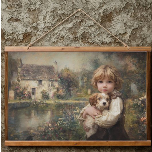 Oude Cottage Kind met Puppy Poster Hangend Wandkleed