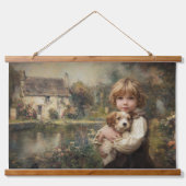 Oude Cottage Kind met Puppy Poster Hangend Wandkleed (Voorkant)