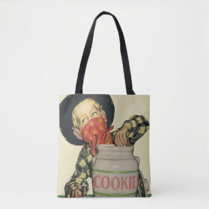 Oude cowboy-speelgoedpistool hand in de koekjestop tote bag