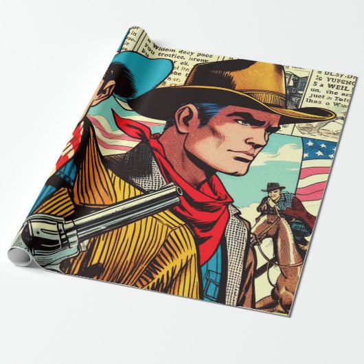 Oude Cowboy Strips Cadeaupapier (Uitgerold)