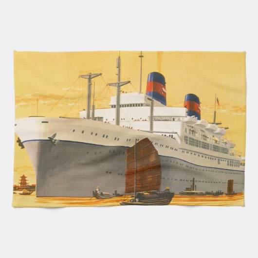 Oude cruiseschip naar het Oosten met jonkboten Theedoek (Horizontaal)