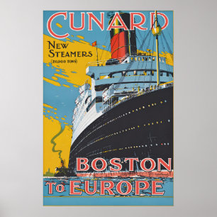 Oude Cunard-reisposter van Boston naar Europa Poster