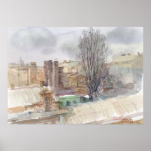 Oude daken van Odessa in de vroege lente – Aquarel