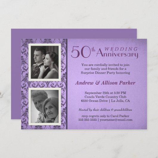 Oude Damast Jubileum Twee Foto's Uitnodiging (Voorkant / Achterkant)