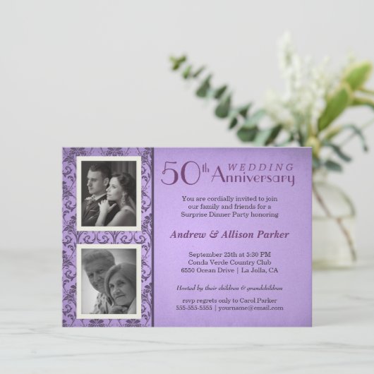 Oude Damast Jubileum Twee Foto's Uitnodiging (Staand voorkant)