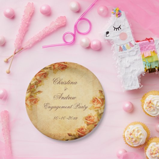 Oude Damast Shabby Chic Perzikkleurige Rozen Trouw Papieren Bordje (Feest)