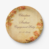 Oude Damast Shabby Chic Perzikkleurige Rozen Trouw Papieren Bordje (Voorkant)