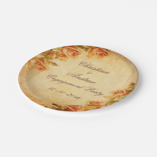 Oude Damast Shabby Chic Perzikkleurige Rozen Trouw Papieren Bordje (Gekanteld)