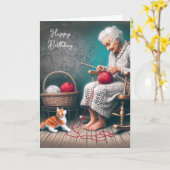 Oude Dame Breien voor Verjaardag Kaart (Gele Bloem)