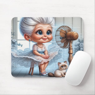 Oude dame die afkoelt voor een oude ventilator muismat