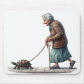 Oude dame die een huisdier schildpad loopt muismat (Voorkant)
