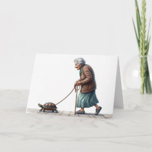 Oude dame die een schildpad bewandelt kaart