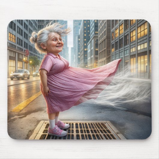 Oude dame die op een straatventilator staat muismat (Voorkant)