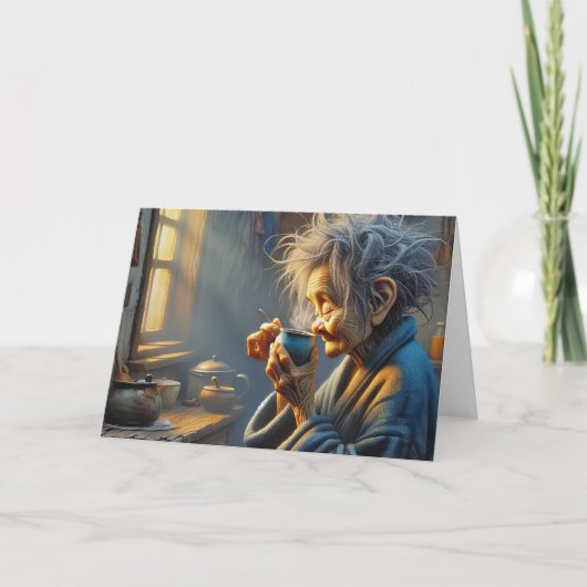 Oude Dame Drink Ochtendkoffie Kaart (Voorkant)