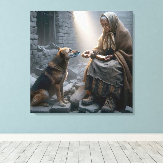 Oude Dame en Hond Oorlog Overlevenden Canvas Afdruk (Insitu (Houten vloer))